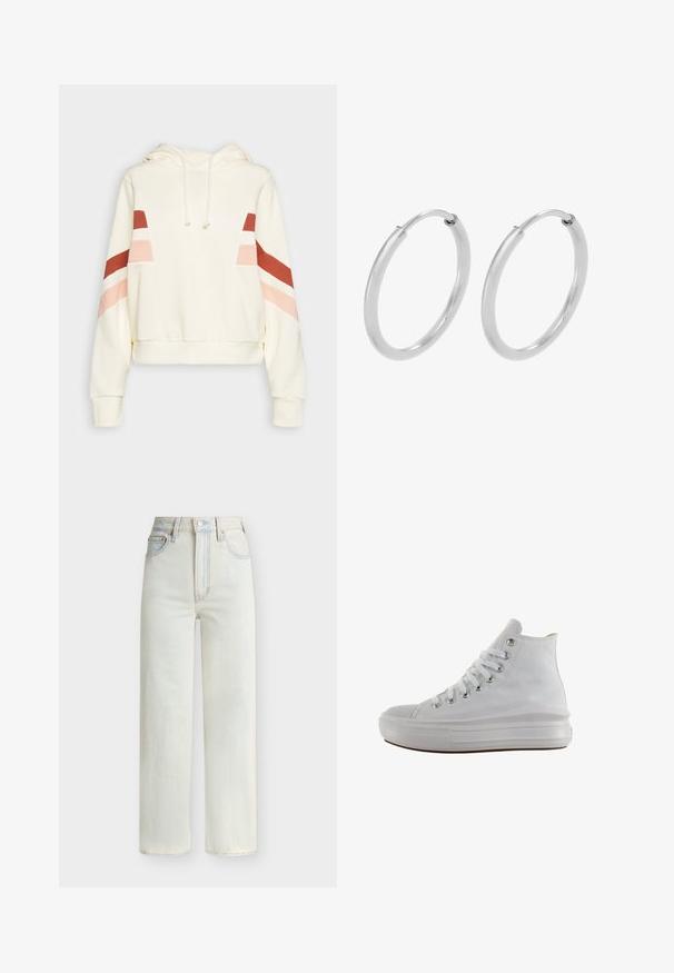 Sweat à capuche crème avec cordons et rayures diagonales rouges, roses et blanches sur le haut des manches et la poitrine.; Jean en denim bleu clair à taille haute avec jambe droite, boutons à l'avant, fermeture éclair et cinq poches.; Baskets montantes en toile blanche avec lacets blancs, œillets métalliques, semelle épaisse en caoutchouc et bout texturé, orientées vers la gauche sur fond blanc.; Boucles d'oreilles en argent, de forme circulaire, avec une texture lisse et brillante, et une largeur constante. Design minimaliste sans accents supplémentaires.