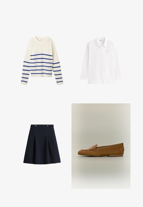 Suéter de punto crema con rayas azules horizontales, cuello redondo, mangas largas y puños y dobladillo acanalados. Textura suave y corte casual.; Camisa de botones de manga larga blanca, hecha de algodón, con un collar clásico y un pequeño logo en el lado izquierdo del pecho. Textura suave y corte recto.; Una falda A-line azul marino hecha de una tela suave, con una cintura plana, dos botones dorados y pliegues sutiles para dar amplitud.; Mocasín de ante marrón para mujer con detalle de correa cosida y un pequeño logo metálico en el talón, mostrado sobre un fondo neutro.