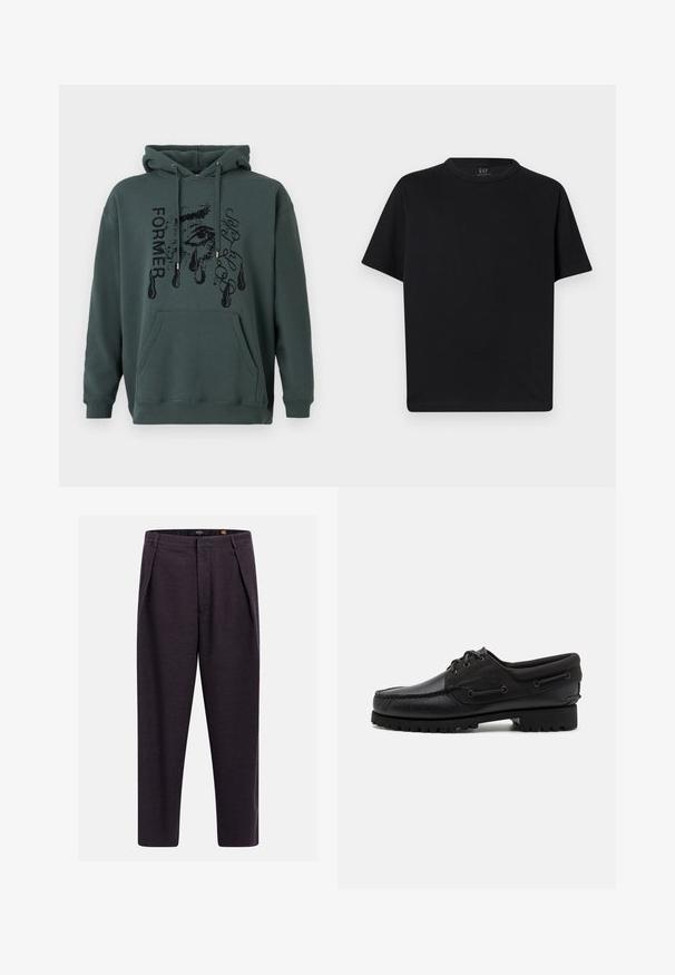 Mørkegrøn hættetrøje lavet af blødt stof med en frontlomme, snoretræk på hætten og grafisk tekst med et øje-design og tårer.; Sort T-shirt med korte ærmer og rund hals i klassisk pasform, vist fladt mod en lys baggrund.; Mørkegrå skræddersyede bukser med bæltestropper, for-plojer og lige ben.; Sort sko med overdel i læder, tekstilaccentuer, runde snørebånd og en tekstureret gummisål. Udstyret med mokkasinsyning og branddetalje.