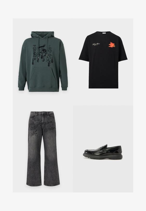 Donkergroene hoodie van zachte stof met een voorzak, capuchon met trekkoord en grafische tekst met een oogontwerp en tranen.; Zwart T-shirt met korte mouwen, voorzien van witte cursieve tekst "Filling Pieces" en een levendige oranje bloemafbeelding op de borst.; Zwart gewassen rechte jeans met voorzakken en subtiele geborduurde tekst "Me Inspire Fashion" aan de bovenkant vooraan.; Zwarte leren instapper met een glanzende afwerking, een ronde neus, subtiele stiksels en een dikke rubberen zool voor duurzaamheid.
