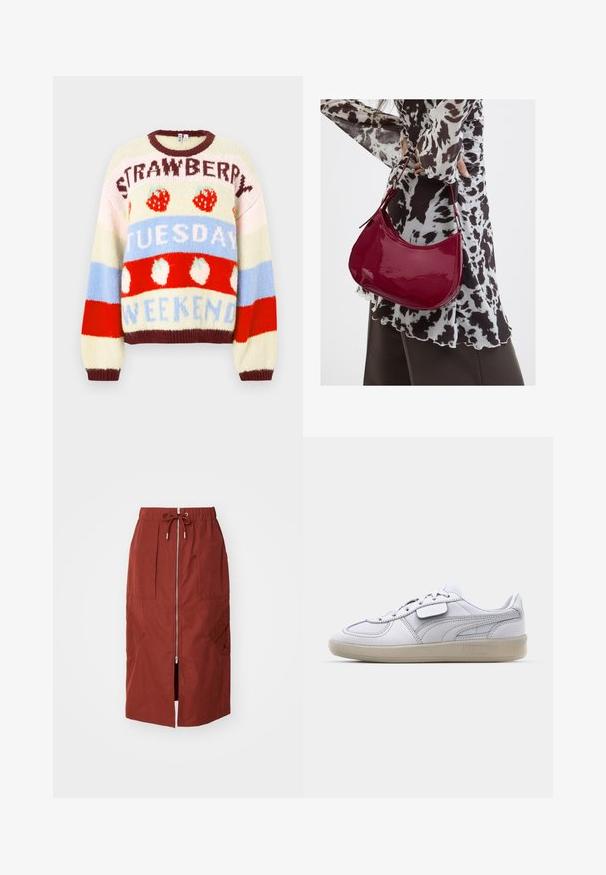 Pull en maille avec rayures multicolores en crème, rouge et bleu, orné de motifs de fruits et de textes indiquant "FRAISE", "MARDI" et "WEEK-END".; Jupe mi-longue en rouge terre cuite, avec une fermeture éclair à l'avant, une taille élastique avec cordon de serrage et des poches latérales avec un design géométrique.; Baskets blanches en cuir avec des accents gris, fermeture à lacets et semelle en caoutchouc texturée. Présente un logo bien en vue sur le côté.; Femme portant un chemisier à motif noir et blanc tenant un sac à main rouge brillant sur un fond uni.