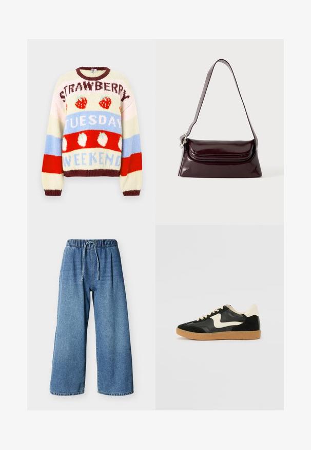 Pull en maille avec rayures multicolores en crème, rouge et bleu, orné de motifs de fruits et de textes indiquant "FRAISE", "MARDI" et "WEEK-END".; Pantalon large en jean bleu avec une taille élastique et un cordon de serrage. Présente une finition texturée et une coupe ample et décontractée.; Baskets en daim et cuir noir avec un swoosh latéral crème et un talon crème clair. Dotées de lacets beige et d'une semelle en caoutchouc gomme.; Sac à bandoulière en cuir bordeaux foncé avec fermeture à rabat et une fine sangle réglable, présenté sur un fond clair uni.