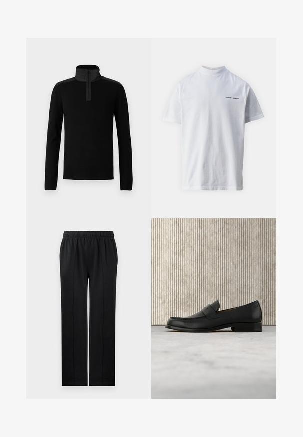 Schwarzer Pullover mit hohem Kragen und einem Viertelreißverschluss. Verfügt über glattes Material und kontrastierende, strukturierte Schulterpaneele.; Weißes Baumwoll-T-Shirt mit hohem Ausschnitt und kurzen Ärmeln. Mit schwarzem "SAMSØE SAMSØE" Logo auf der Vorderseite. Glatte Textur.; Schwarze Hose aus weichem Material mit elastischem Bund, geradem Schnitt und zwei Seitentaschen. Verfügt über eine verdeckte Nahtverarbeitung.; Schwarzer Leder-Slipper schwebt über einem beigen Teppich, im Hintergrund ein glänzender, runder brauner Tisch.
