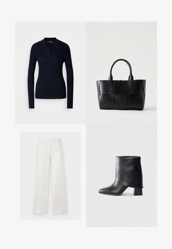 Polo à manches longues marine en tissu côtelé texturé, doté d'un col, d'une patte de boutonnage et d'une silhouette ajustée.; Pantalon blanc taille haute à jambes larges avec fermeture éclair dissimulée à l'avant et design minimaliste sur fond uni.; Bottine en cuir noir à bout pointu, texture lisse et talon bloc structuré. Elle se distingue par un design de revers haut et plié.; Sac fourre-tout en cuir noir avec de grands panneaux carrés tissés et deux poignées arrondies sur un fond clair uni.