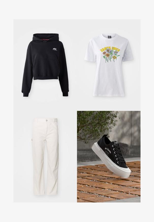 Zwarte crop hoodie van zachte stof, met een voorkant zak, trekkoord capuchon en een klein wit logo op de borst.; Witte katoenen t-shirt met een kleurrijk bloemenontwerp en "SANTA CRUZ" tekst in het geel, ronde halslijn, korte mouwen en een relaxte pasvorm.; Witte katoenen cargo broek met een recht gesneden ontwerp, voorzien van zijzakken en een knoopsluiting bij de taille. Glad textuur.; Zwarte lage sneaker met witte zool en veters, cursieve merknaam aan de zijkant, zwevend boven houten tegels en kiezelstenen buiten.