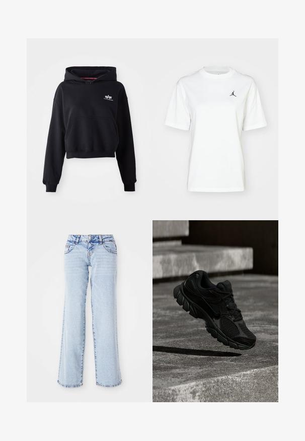 Zwarte crop hoodie van zachte stof, met een voorkant zak, trekkoord capuchon en een klein wit logo op de borst.; Witte katoenen t-shirt met korte mouwen, ronde hals, en een klein zwart Jordan-logo op het bovenste linkerkant van de borst.; Lichtblauwe denim jeans met een ontspannen pasvorm, rechte benen en subtiele vervaging. Bevat vijf zakken en riemlussen. Verweerd zoomdetail.; Zwarte sportschoen met een mesh en synthetische bovenzijde, een gestructureerde zool en een afgeronde neus, zwevend boven een gestructureerd betonnen oppervlak.