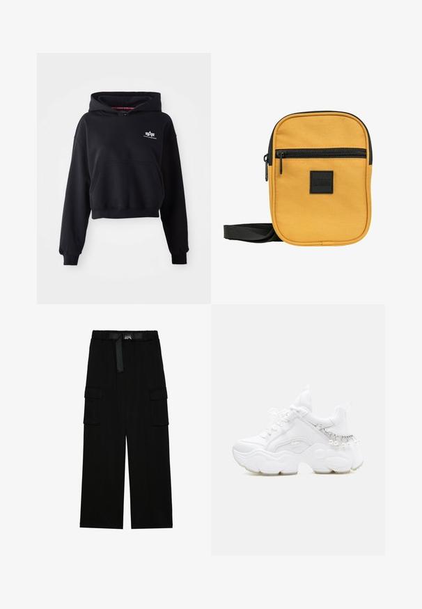 Sort cropped hoodie lavet af blødt stof, med en forlommer, snoretræk i hætten og et lille hvidt logo på brystet.; Sorte cargo bukser med vidde ben, elastisk talje med bælte og to store sidelommer til opbevaring.; Hvid chunky sneaker med tyk sål, snørelukning foran og kædedetalje med hængende perler på hælen.; Gul stof crossbody taske med en struktureret overflade, frontlomme med lynlås, sort lynlås og justerbar rem. Har et firkantet mærke.