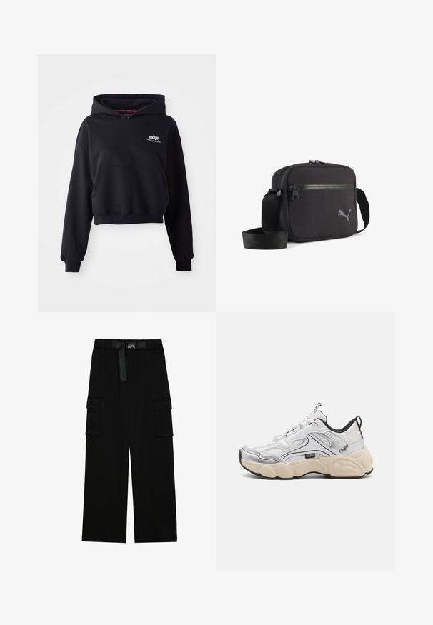 Sort cropped hoodie lavet af blødt stof, med en forlommer, snoretræk i hætten og et lille hvidt logo på brystet.; Sorte cargo bukser med vidde ben, elastisk talje med bælte og to store sidelommer til opbevaring.; Hvid sportsko med mesh- og syntetiske paneler, sølvdetaljer, chunky creme farvet sål og kontrasterende sorte detaljer. Har snøresystem.; Sort skuldertaske i stof med rektangulær form, udstyret med lynlås, tekstureret overflade og en grå broderet logo på den ene side.