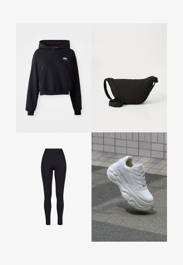 Sort cropped hoodie lavet af blødt stof, med en forlommer, snoretræk i hætten og et lille hvidt logo på brystet.; Sorte højtaljerede leggings, lavet af strækbart stof, med en glat tekstur og en tætsiddende design uden synlige sømme eller mønstre.; Hvide lædersneakers med en kraftig sål, teksturerede detaljer og snørelukning. Har formede accenter og en glat finish.; Sort hobo taske lavet af blødt stof, med en buet form, lynlåslukning og en bred justerbar rem. Glat tekstur uden mønstre.