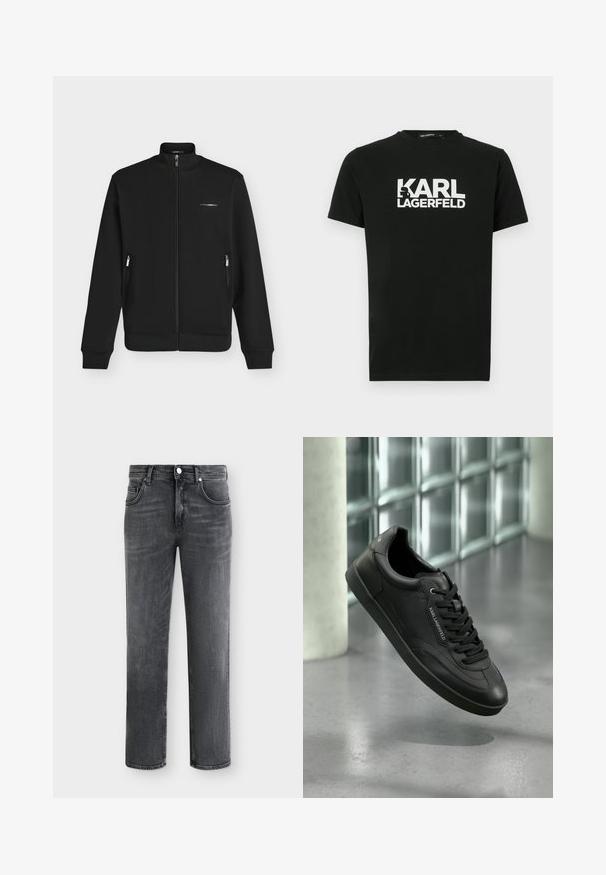 Veste noire zippée avec col montant, poches latérales zippées, poignets et ourlet côtelés, avec un petit logo de marque blanc sur la poitrine gauche.; T-shirt en coton noir à manches courtes, avec un logo blanc "KARL LAGERFELD" et un détail en silhouette. Col rond.; Jean en denim noir délavé coupe droite avec bouton devant et design à cinq poches sur un fond uni.; Basket en cuir noir avec une finition texturée, lacets plats, bout arrondi et semelle en caoutchouc. Détail logo sur le côté.