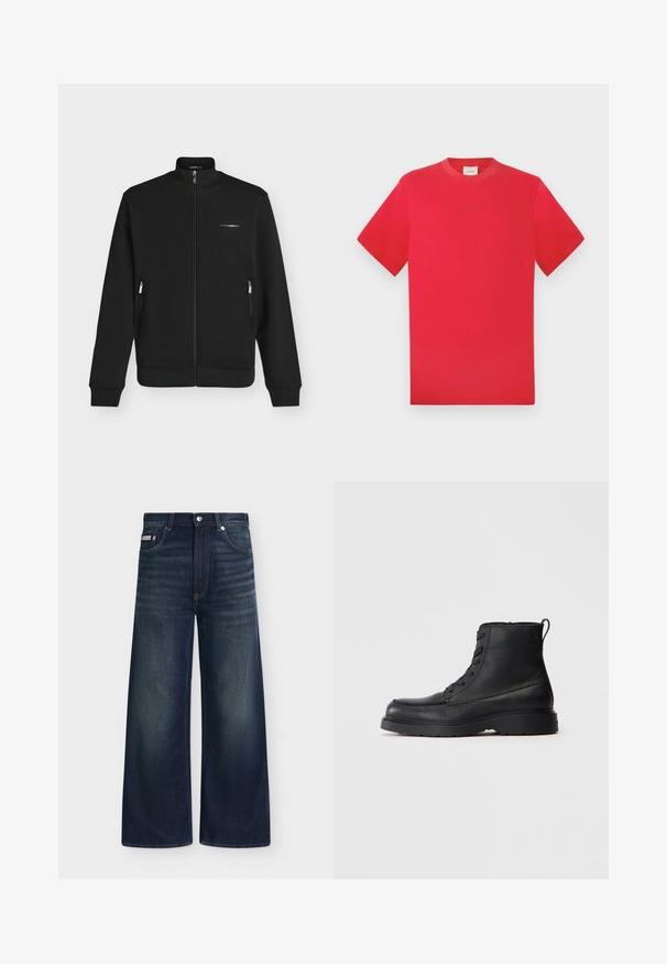 Veste noire zippée avec col montant, poches latérales zippées, poignets et ourlet côtelés, avec un petit logo de marque blanc sur la poitrine gauche.; T-shirt rouge à col rond en coton. Manches courtes, couleur unie avec un logo discret au centre. Texture douce et coupe classique.; Jean en denim bleu foncé à jambes larges avec poches avant, passants de ceinture, fermeture par boutons et légère décoloration sur les cuisses et les genoux.; Botte à lacets en cuir noir texturé, avec une semelle épaisse et une languette à l'arrière, vue de côté.