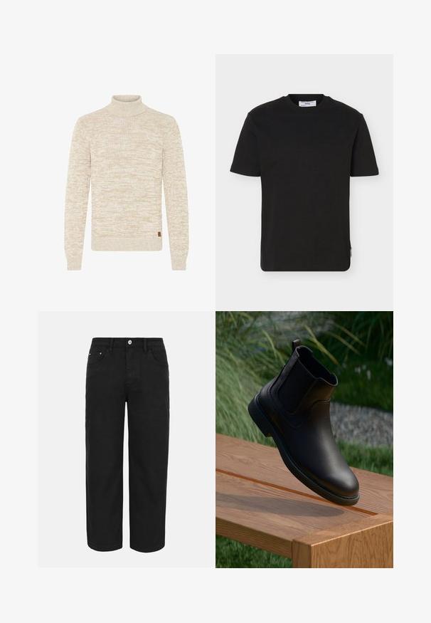 Beige og hvid meleret striktrøje med lange ærmer og høj polokrave, der har et lille brunt mærke nær kanten.; Sort, kortærmet T-shirt med rund hals og en lille mærkeetiket på nederste sidesøm.; Sorte bukser med lige ben, forrest med knap- og lynlåslukning, bæltestropper og tre forlommer på en ensfarvet lys baggrund.; Sort læderankelstøvle med elastiske sidepaneler, rund tå og en struktureret gummisål, hængende over et træbord.