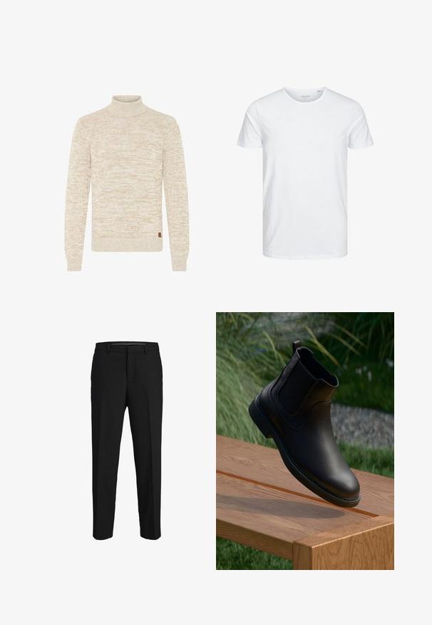 Beige og hvid meleret striktrøje med lange ærmer og høj polokrave, der har et lille brunt mærke nær kanten.; Rundhals kortærmet t-shirt i ensfarvet hvid, lavet af blød bomuld, har et simpelt design uden synlige mønstre eller detaljer.; Sorte bukser lavet af glat stof, med lige snit, bæltestropper og et fladt frontdesign uden synlige mønstre eller pyntegenstande.; Sort læderankelstøvle med elastiske sidepaneler, rund tå og en struktureret gummisål, hængende over et træbord.