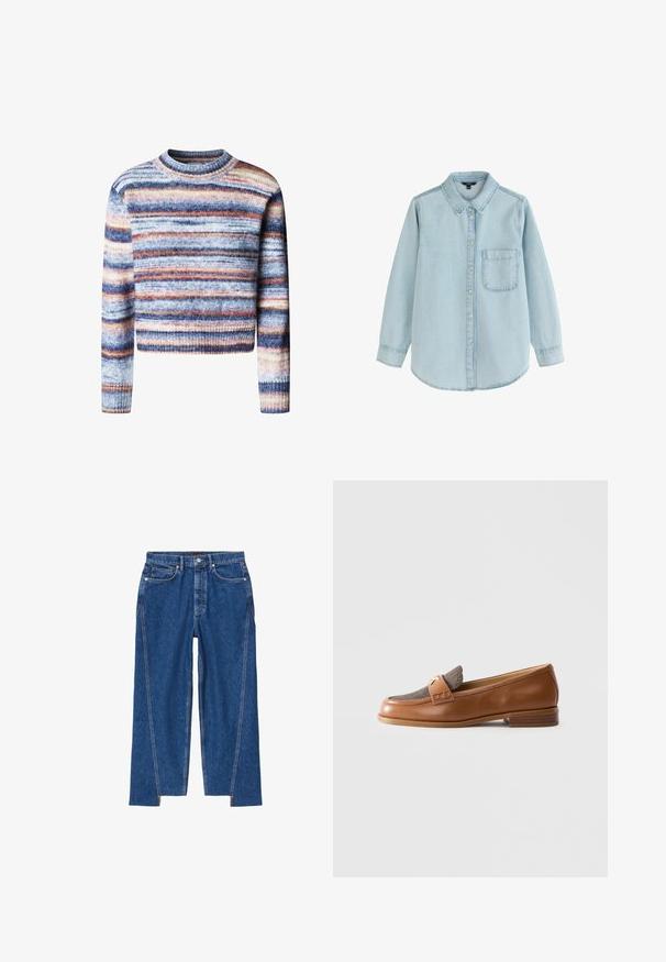 Multikleurige cropped trui met horizontale strepen. Het materiaal heeft een zachte, textuurrijke feel. Heeft een ronde halslijn en lange mouwen.; Lichtblauw denim lange mouwen blouse met knopen, voorzak op de borst en klassieke kraag, weergegeven op een witte achtergrond.; Blauwe spijkerbroek met hoge taille, voorzakken, knoopsluiting en zijnaden die doorlopen in enkelopeningen.; Bruine leren instapper met een bovenwerk van textuurstof, gouden metalen versiering op de band en een lage gestapelde houten hak op een witte achtergrond.