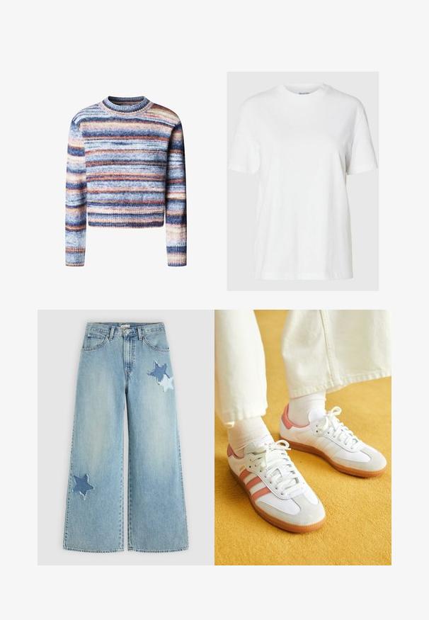 Multikleurige cropped trui met horizontale strepen. Het materiaal heeft een zachte, textuurrijke feel. Heeft een ronde halslijn en lange mouwen.; Witte katoenen t-shirt met korte mouwen en een ronde halslijn. Heeft een relaxte pasvorm en een minimalistisch ontwerp zonder patronen of accenten.; Lichtblauwe wijde spijkerbroek met sterrenvormige denim patches op de bovenste rechterdij en onderaan het linkerbeen.; Witte sportschoenen met roze accenten, gemaakt van suede en leer, met een ronde neus en een rubberen zool, weergegeven met lichtgekleurde sokken op een gele achtergrond.
