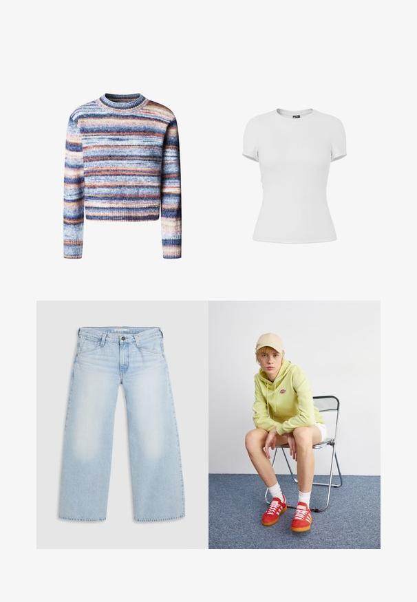 Multikleurige cropped trui met horizontale strepen. Het materiaal heeft een zachte, textuurrijke feel. Heeft een ronde halslijn en lange mouwen.; Effen wit, aansluitend T-shirt met korte mouwen en een ronde hals, getoond tegen een witte achtergrond.; Lichtblauwe wijde jeans gemaakt van denim. Kenmerken zijn een rechte snit, een vijfzakkenontwerp en een knoopsluiting aan de taille.; Lichtgroene hoodie met logo, witte shorts, rode sneakers met witte strepen, zittend op een chroom opvouwstoel tegen een neutrale achtergrond.
