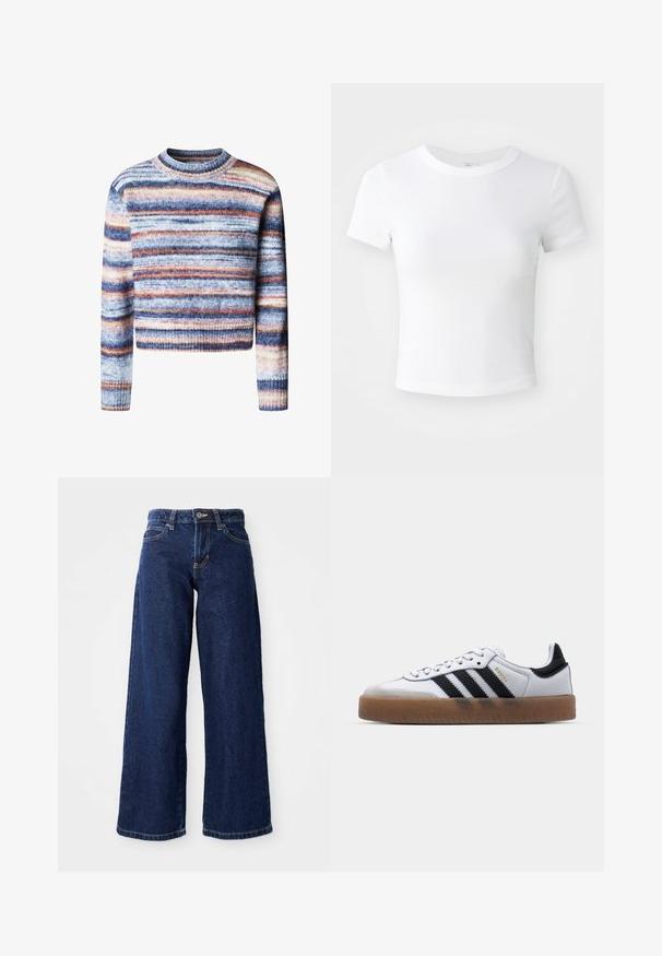 Multikleurige cropped trui met horizontale strepen. Het materiaal heeft een zachte, textuurrijke feel. Heeft een ronde halslijn en lange mouwen.; Effen witte cropped t-shirt met korte mouwen en ronde hals, weergegeven op een neutrale lichte achtergrond.; Donkerblauwe wijde spijkerbroek van denim, met een knoop- en ritssluiting, riemlussen en klassieke vijf-pocketontwerp.; Witte leren sneakers met zwarte strepen, gumrubberen buitenzool, ronde neus, vetersluiting en een zachte grijze suède neuskap.