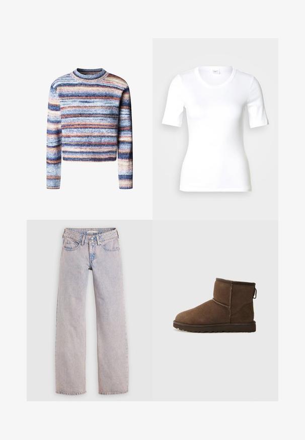 Pull court multicolore avec des rayures horizontales. Le matériau a une texture douce. Il possède un col rond et des manches longues.; T-shirt blanc à manches courtes en coton lisse, doté d'un col rond et d'une coupe ajustée. Design classique, sans motifs ni accents.; Jean en denim délavé clair avec une coupe droite, comprenant un design à cinq poches, une fermeture à double bouton et un délavage minimal.; UGG CLASSIC MINI II - Bottes de neige - dusted cocoa