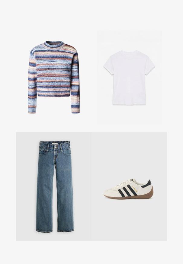 Jersey corto multicolor con rayas horizontales. El material tiene una textura suave. Presenta un cuello redondo y mangas largas.; Camiseta blanca lisa de algodón de manga corta y cuello redondo, colocada plana sobre un fondo blanco.; Vaqueros de mezclilla azul con diseño de pierna recta, con bragueta de botones, cinco bolsillos y costuras contrastantes a lo largo de las costuras.; Zapatilla blanca de Adidas con rayas negras, suela marrón texturizada y la palabra "SPEZIAL" en letras doradas en el lateral, vista desde el lado exterior.