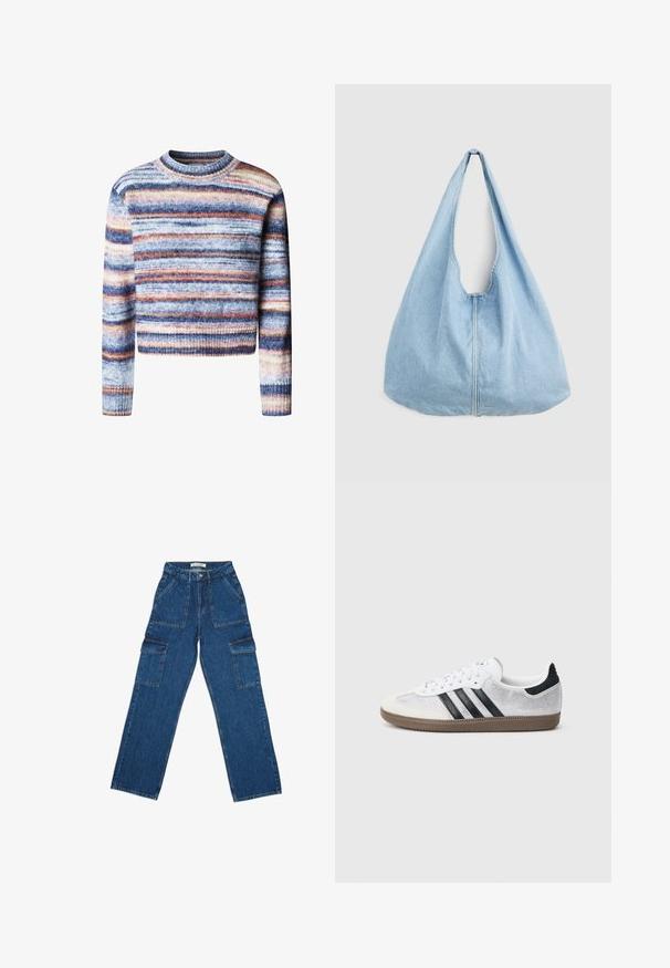 Jersey corto multicolor con rayas horizontales. El material tiene una textura suave. Presenta un cuello redondo y mangas largas.; Pantalones cargo de denim azul de pierna ancha con cintura alta, bolsillos frontales y grandes bolsillos laterales con solapa, dispuestos sobre un fondo blanco.; Zapatilla blanca de malla con rayas negras, puntera y detalle en el talón de ante beige, suela de goma texturizada y cordones blancos. Diseño clásico de corte bajo.; Bolso de hombro de mezclilla azul claro con una correa ancha y costura central visible, presentado sobre un fondo liso de color gris claro.