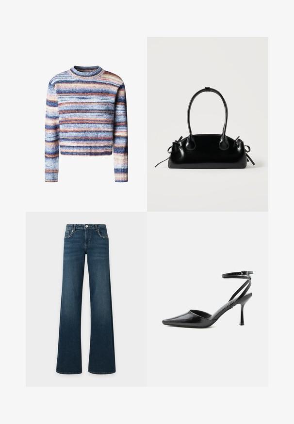 Multifarvet cropped sweater med vandrette striber. Materialet har en blød, struktureret fornemmelse. Har rund halsudskæring og lange ærmer.; Mørkeblå slængbukser med sølvfarvede nitter langs forlommer, knaplukning og bæltestropper, lagt fladt på en hvid baggrund.; Sort spids højhælet sko med tynde ankelremme og sølvspænde på en ensfarvet lys baggrund.; Lille sort blank håndtaske med to lange håndtag og snøre-detaljer i siden på en ensfarvet lys baggrund.