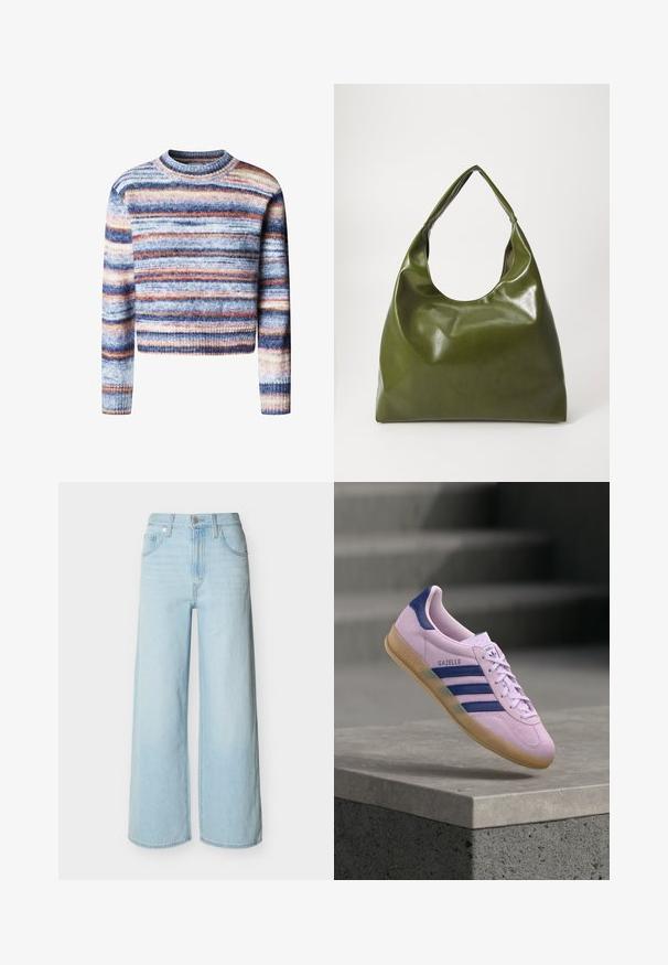 Multikleurige cropped trui met horizontale strepen. Het materiaal heeft een zachte, textuurrijke feel. Heeft een ronde halslijn en lange mouwen.; Lichtblauwe jeans met wijde pijpen, voorop met knopen en ritssluiting, voorzien van riemlussen en het klassieke ontwerp met vijf zakken.; Lichtpaarse Adidas Gazelle sneaker met marineblauwe strepen en hieltab, rubberen zool, zwevend boven een stenen richel met vervaagde trappen op de achtergrond.; Groene leren hobotas met een slordig ontwerp, gebogen handvat en een gladde textuur. Bevat geen zichtbare hardware of accenten.