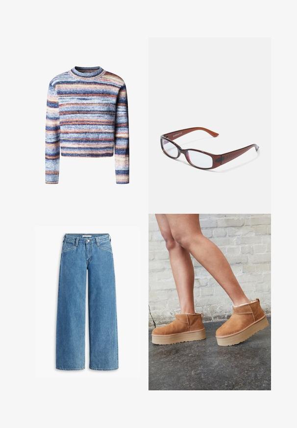 Pull court multicolore avec des rayures horizontales. Le matériau a une texture douce. Il possède un col rond et des manches longues.; Jean large en denim bleu clair, avec une taille haute, cinq poches et un zip boutonné classique. Coupe droite de la cuisse à l'ourlet.; Bottines en suède marron avec une doublure en peluche, semelle épaisse en beige et une poignée à l'arrière. Surface texturée avec des détails de couture visibles.; Lunettes rectangulaires teintées de brun avec une finition brillante, dotées de branches fines et de verres transparents. Logo visible sur la branche gauche.