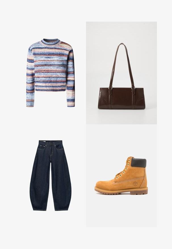 Multifarvet cropped sweater med vandrette striber. Materialet har en blød, struktureret fornemmelse. Har rund halsudskæring og lange ærmer.; Mørkeblå vidde jeans med frontlommer, bæltestropper og knaplukning i taljen.; Brune læder ankelstøvle med sort polstring, gyldne øsken og en tekstureret sål. Har et cirkulært logo på siden og synlige syninger.; Brun lakeret håndtaske med rektangulær form, to lange håndtag og subtile buede detaljer på fronten.