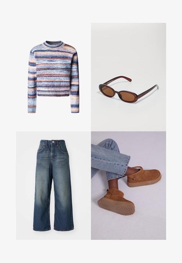 Multifarvet cropped sweater med vandrette striber. Materialet har en blød, struktureret fornemmelse. Har rund halsudskæring og lange ærmer.; Bredde denim jeans i en mellemblå vask, med forlommer, en knap- og lynlåslukning samt let falmning på lårene.; Brune ruskinds ankelstøvler med en blød foring, rund tå og en let chunky gummisål med et fiskebensmønster.; Runde, bruntonede solbriller med en glansfuld bordeauxramme. Slanke arme med diskret brandingdetalje. Flad linsedesign.