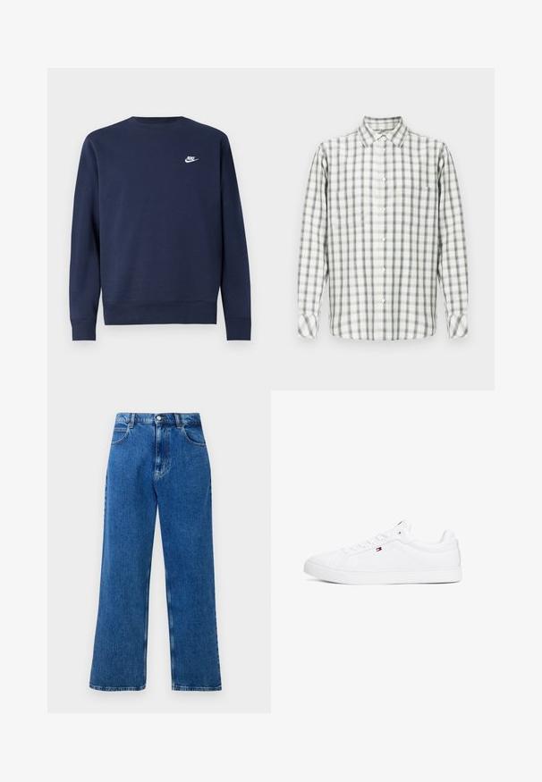 Laivastonsininen collegepaita, joka on valmistettu pehmeästä kankaasta. Siinä on pyöreä pääntie ja pitkät hihat, ja rinnassa on pieni valkoinen Nike-logo.; Pitkähihaista napillista paitaa, jossa on valkoinen, harmaa ja musta ruutukuosi sekä yksi rintatasku yksinkertaista taustaa vasten.; Siniset vyötäröltä korkealle ulottuvat, leveät farkut, joissa on edessä nappi- ja vetoketjukiinnitys, vyölenkit ja viisi taskua.; Valkoiset tennarit, jotka on valmistettu synteettisestä nahasta ja joissa on litteä pohja, pyöreä varvas ja kuusi napinreikää. Sivulla on pieni logo.