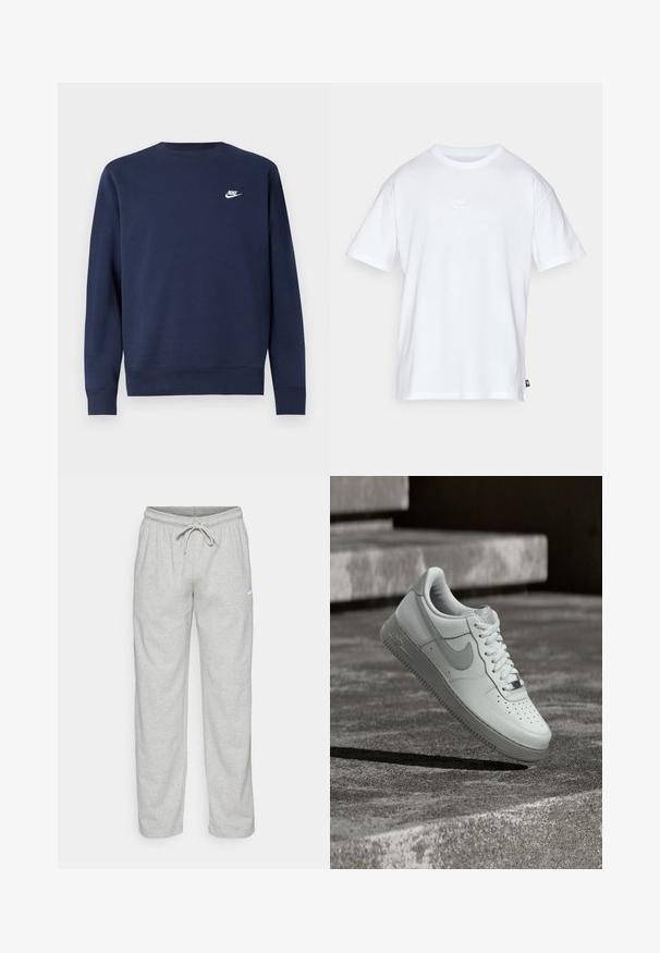 Marineblauer Pullover aus weichem Stoff, mit rundem Ausschnitt und langen Ärmeln, mit kleinem weißem Nike-Logo auf der Brust.; Weißes Baumwoll-T-Shirt mit kurzen Ärmeln und Rundhalsausschnitt. Verfügt über ein kleines, dezentes Nike-Logo auf der Brust und ein seitliches Etikett.; Helle graue Sweatpants aus weichem Stoff. Mit einem elastischen Bund und Kordelzug sowie dem schwarzen Nike-Logo auf dem linken Oberschenkel.; Weißer Nike Air Force 1 Sneaker, der über einer strukturierten Betonoberfläche schwebt, mit Steinstufen im Hintergrund.