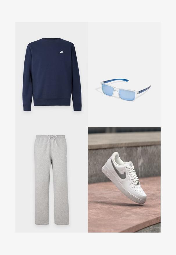 Tmavomodrá mikina vyrobená z mäkkého materiálu, s okrúhlym výstrihom a dlhými rukávmi, s malým bielym logom Nike na hrudi.; Šedé teplákové nohavice s elastickým pásom a šnúrkou. Vyrobené z mäkkej látky, majú rovné nohavice a jemný logotyp.; Biela teniska Nike Air Force 1 so sivým logom swoosh, ktorá visí nad kamenným povrchom a sivou kamennou stenou v pozadí.; Arnette MWAMBA - Slnečné okuliare - transparent
