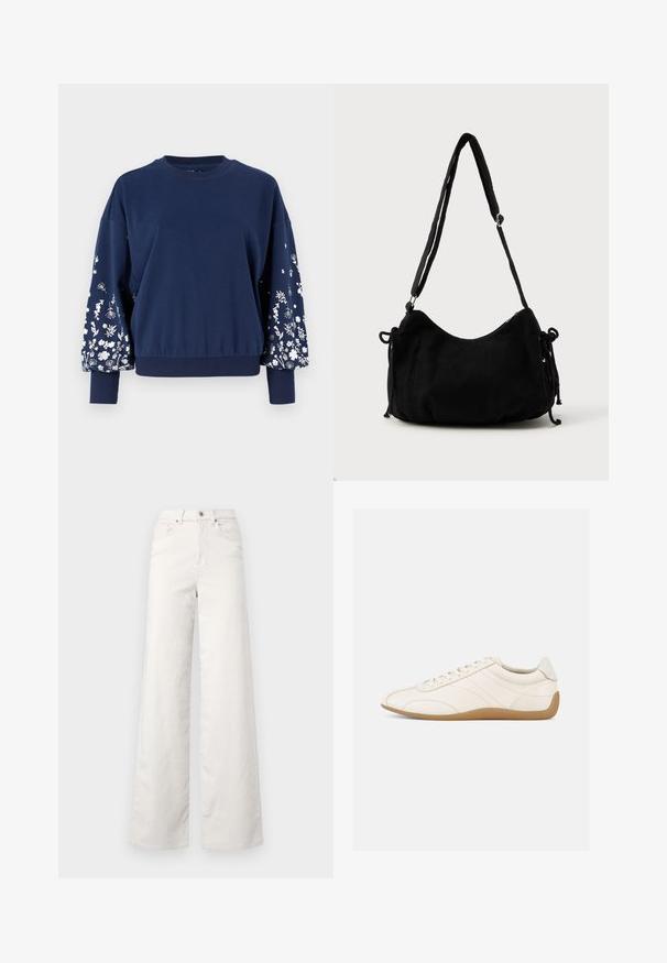 Tummansininen collegepaita, jossa on pitkät, puffimaiset hihat ja valkoista kukkakirjontaa. Ribbauskankaiset hihansuut ja helma, pehmeä rakenne, rento istuvuus.; ONLY Tall ONLHOPE GLOBAL HIGH WAIST WIDE - Housut - pumice stone; Valkoinen nahkainen tennari, jossa on sileä pinta, pyöreä kärki ja sävy sävyyn ommel. Varustettu vaaleanruskealla kumipohjalla ja nauhallisella kiinnityksellä.; Mustikka värinen korduroy olkalaukku, jossa on kaareva muoto, säädettävä hihna ja narusuljin kummallakin puolella koon säätämiseksi.