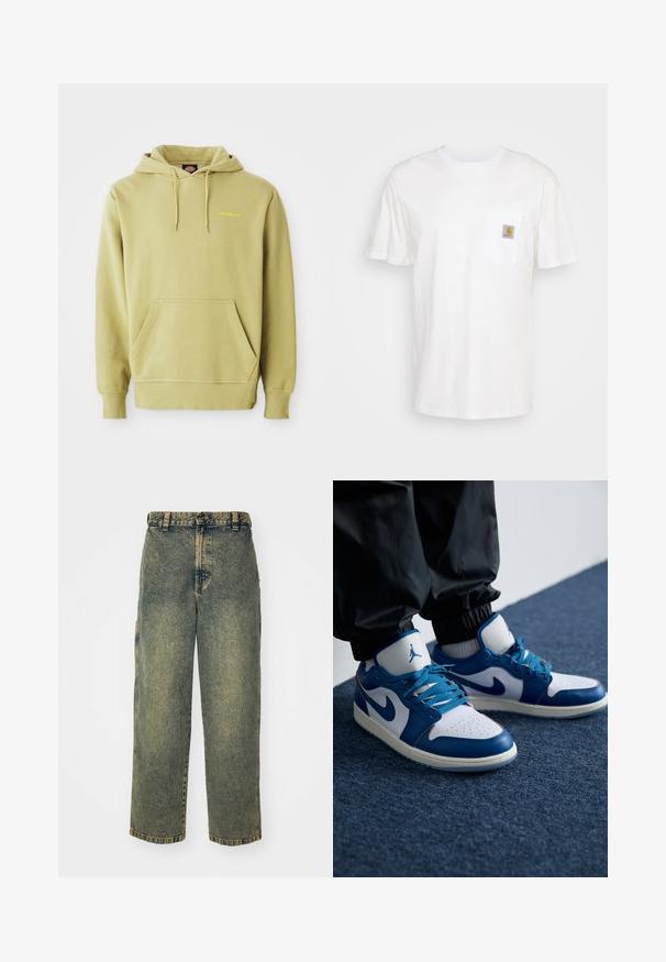 Lys grøn pullover hoodie med kængurulomme, snoretræk, ribbede manchetter og et lille gult "Dickies" logo på brystet.; Hvid bomulds T-shirt med korte ærmer, en brystlomme, og et lille firkantet logo patch i orange og hvid på lommen.; Slidse denim jeans i en falmet blå og grøn vask. Har en knaplukning, bælteløkker og sidelommer. Flad front og lige ben-design.; Nike Air Jordan sneakers har en hvid læderbase med blå syntetiske detaljer, en perforeret tåboks og blå snørebånd.