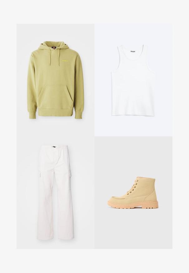 Lys grøn pullover hoodie med kængurulomme, snoretræk, ribbede manchetter og et lille gult "Dickies" logo på brystet.; Hvid ærmeløs tanktop med rund halsudskæring og Weekday-mærke på den indvendige baghals, vist fladt på lys baggrund.; Denim Project DPMDPPARACHUTE CARGO PANTS - Cargobukser - jet stream; Beige ruskind ankelstøvler med en beige gummisål, der har snørebånd og synlige søm langs kanterne.