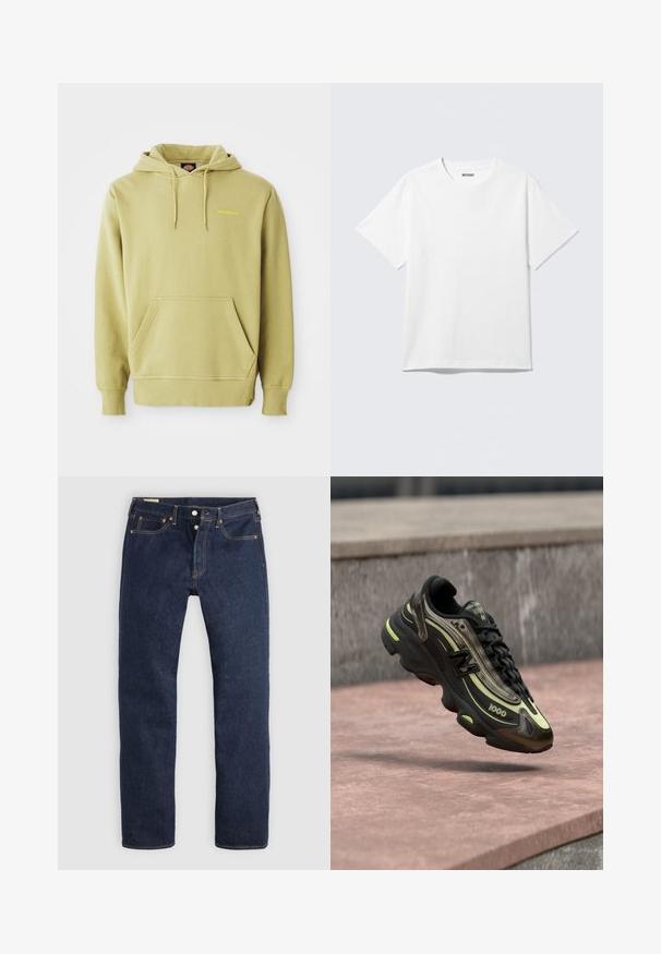Lys grøn pullover hoodie med kængurulomme, snoretræk, ribbede manchetter og et lille gult "Dickies" logo på brystet.; Hvid kortærmet crewneck T-shirt lagt fladt ud, ensfarvet design, med "WEEKDAY" mærkat inde i kraven på en lys baggrund.; Mørkeblå jeans med lige ben, knaplukning, for- og baglommer samt kontrastsyning, lagt fladt på en lys baggrund.; Sort og gul New Balance 1000-sneaker svævende over en lyserød stensurface med en grå stenvæg i baggrunden.