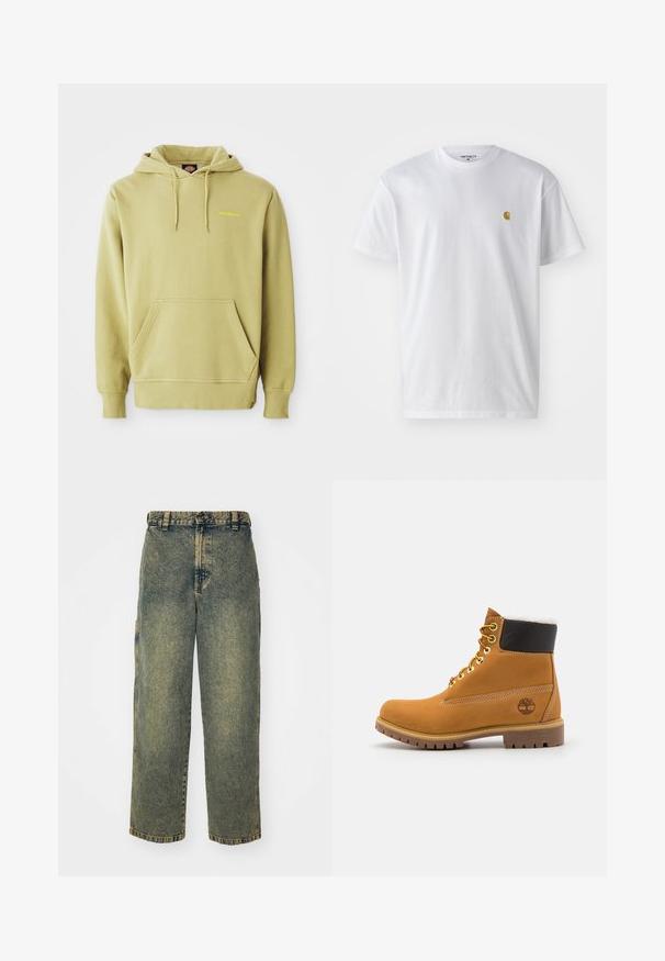 Heled roheline kapuutsiga sviiter, millel on tasku, paelad, soonikuga varrukad ja väike kollane "Dickies" logo rinnal.; Valge puuvillane t-särk lühikeste varrukatega, ümmargune kaelus, millel on väike kuldne logo vasakul rinnal. Pehme tekstuur ja regulaarne lõike.; Laiad teksad pleekinud sinise ja rohelise värviga. Varustatud nööbist sulgemisega, vöökontuuridega ja küljetaskutega. Lame esipaneel ja sirged sääred.; Pruun nahast pahkluu saabas metallist silmadega, valge karvane vooder, must pehmendatud krae, robustne tallal ja küljes reljeefne logo.