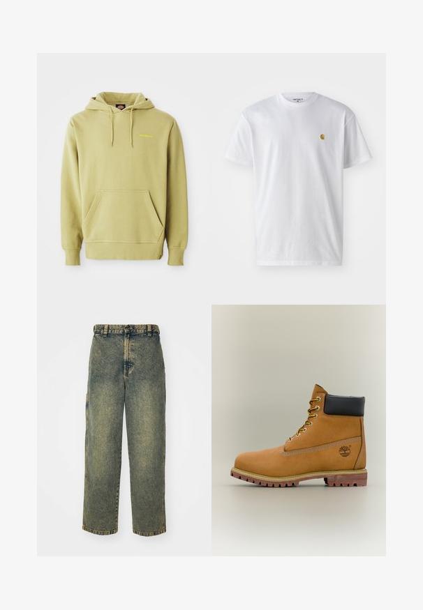 Heled roheline kapuutsiga sviiter, millel on tasku, paelad, soonikuga varrukad ja väike kollane "Dickies" logo rinnal.; Valge puuvillane t-särk lühikeste varrukatega, ümmargune kaelus, millel on väike kuldne logo vasakul rinnal. Pehme tekstuur ja regulaarne lõike.; Laiad teksad pleekinud sinise ja rohelise värviga. Varustatud nööbist sulgemisega, vöökontuuridega ja küljetaskutega. Lame esipaneel ja sirged sääred.; Pruun nahast pahkluu saabas musta kraega, kollaste paelte ja beežide tallaga. Omab logo ja valge õmbluse detaile. Tugeva haardega välistald.