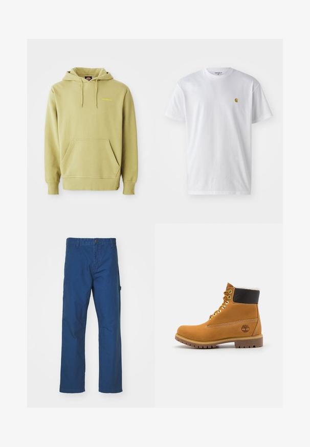Vaaleanvihreä vetoketjullinen huppari, jossa on kengurutasku, narut, ribbitaskut ja pieni keltainen "Dickies"-logo rinnassa.; Valkoinen puuvillapaita lyhyillä hihoilla, pyöreä kaula-aukko, jossa on pieni kultainen logo vasemmassa rintapielessä. Pehmeä kangas ja normaali istuvuus.; Siniset puuvillatilkkuhousut suoranlahkeisella muotoilulla, jossa on nappisulku ja sivutasku. Sileä rakenne, ei näkyviä kuvioita tai yksityiskohtia.; Ruske nahkasaapad ankle-moodi, metallist silmadega, valge karvase voodriga, musta pehmendusega kaeluse ja läbilöökide tald. Kotiriide logo on küljes.