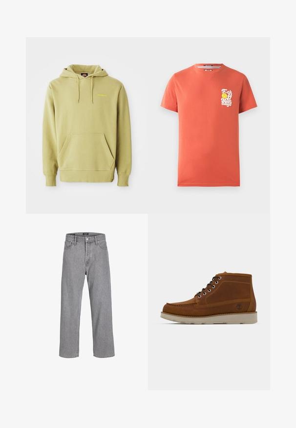 Lys grøn pullover hoodie med kængurulomme, snoretræk, ribbede manchetter og et lille gult "Dickies" logo på brystet.; Korteærmet t-shirt i koralfarvet bomuld. Har et hvidt grafisk design med tekst og et smilende ansigt på venstre brystområde. Rund halsudskæring.; Grå denimbukser med en afslappet, løs pasform. Har et traditionelt fem-lomme design og en knaplukning i taljen.; Brune læder støvler i mid-cut med rund tå, sorte snørebånd og en tekstureret overflade. Har en lys farvet sål og trælogo detalje.