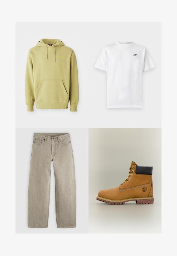 Lys grøn pullover hoodie med kængurulomme, snoretræk, ribbede manchetter og et lille gult "Dickies" logo på brystet.; Hvid t-shirt med korte ærmer og rund halsudskæring med et lille sort New Balance-logo på øverste venstre bryst på en ensartet lys baggrund.; Beige jeans med lige ben i denim med forlommer, bæltestropper, knaplukning og synlige syninger på en ensfarvet lys baggrund.; Brun læderankelstøvle med sort krave, gule snørebånd og tanfarvet sål. Har logo og hvide syninger som detalje. Robust ydersål med greb.