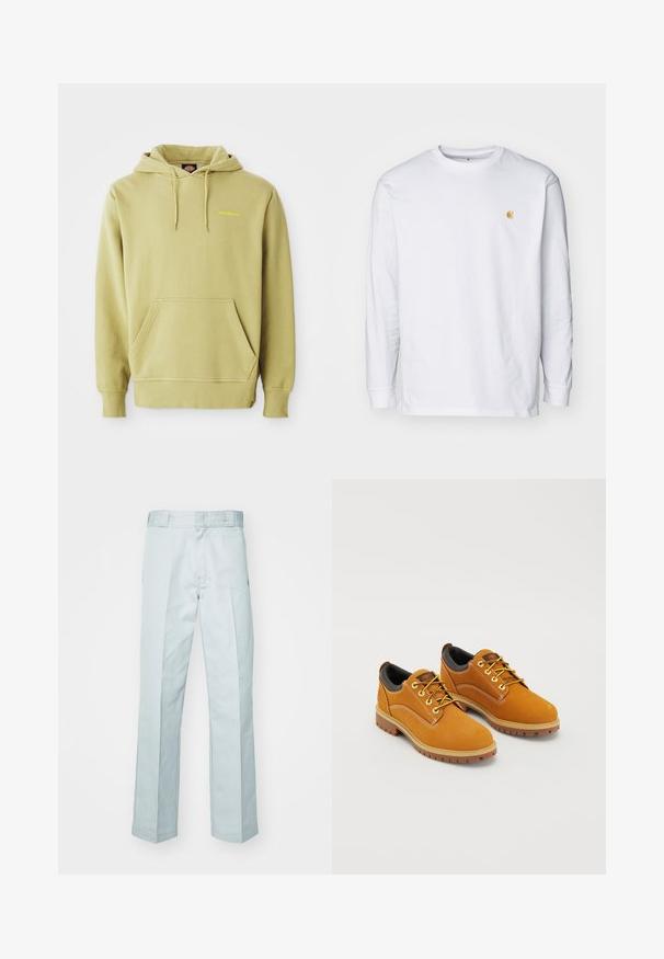 Svetlozelená mikina s kapucňou, má kengurskú kapsu, šnúrky, rebrované manžety a malé žlté logo "Dickies" na hrudi.; Biely tričko s dlhým rukávom z bavlny. Na hrudi má malé zlaté logo a okrúhly výstrih. Jednoduchý dizajn a štandardný strih.; Svetlomodré bavlnené nohavice s rovnou nohou, ktoré majú jemné záhyby a hladkú textúru, zakončené štandardným pásom.; Hnedé semišové topánky s okrúhlou špičkou, žltými šnúrkami, polstrovaným čiernym golierom a gumovou podrážkou s trakčnými drážkami.