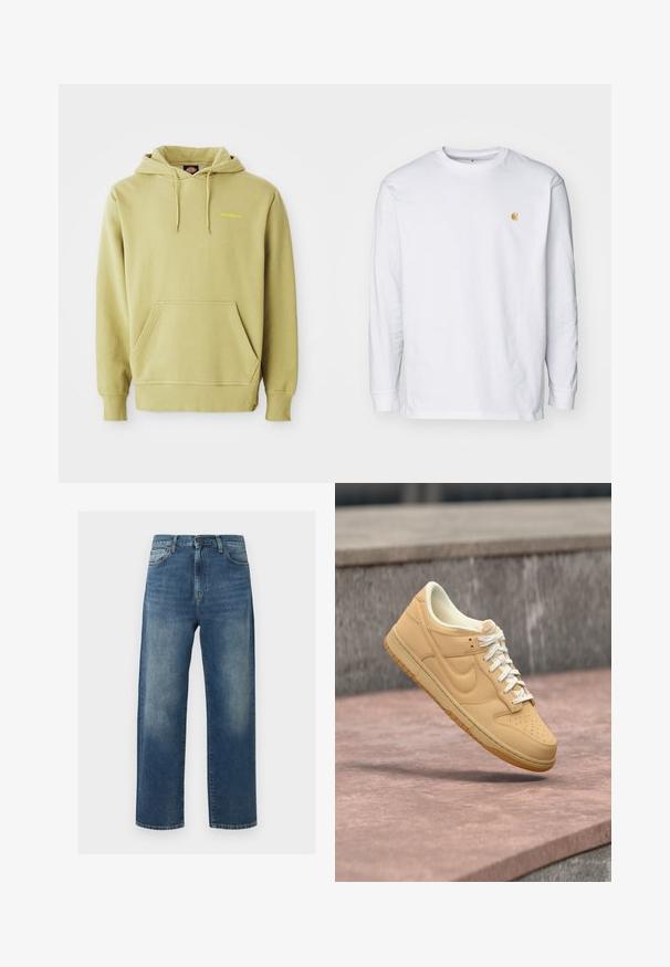 Vaaleanvihreä vetoketjullinen huppari, jossa on kengurutasku, narut, ribbitaskut ja pieni keltainen "Dickies"-logo rinnassa.; Valkoinen pitkähihaisen t-paita, joka on valmistettu puuvillasta. Siinä on pieni kultainen logo rinnassa ja pyöreä pääntie. Yksinkertainen muotoilu ja normaali istuvuus.; Siniset suorat farkut, joissa haalistuneet alueet reisissä, viiden taskun malli sekä nappi- ja vetoketjusuljin.; Vaaleanruskea Nike matalavartinen lenkkitossu, jossa on valkoiset kengännauhat ja kumipohja, leijuu kivipinnan ja betonitaustan yllä.