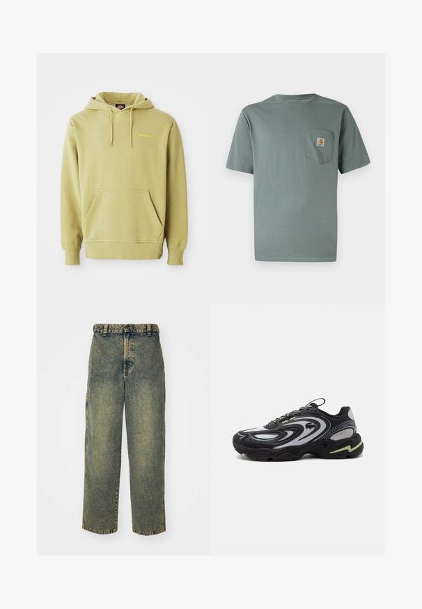 Helle grüne Pullover-Haube mit Kängurutasche, Kordelzügen, gerippten Bündchen und kleinem gelben "Dickies"-Logo auf der Brust.; Hellgrünes, kurzärmeliges T-Shirt aus Baumwolle mit einer Brusttasche, die einen Logo-Patch trägt. Weiche Textur und klassisches Rundhalsausschnitt-Design.; Baggy-Jeans aus Denim in einer verblassten Blauen und Grünen Waschung. Mit Knopfverschluss, Gürtelschlaufen und Seitentaschen. Flaches Vorderteil und gerades Bein-Design.; Schwarzer und grauer Lacoste Storm 2K Sneaker mit Wellenmustern, Schnürdesign und einer dicken Sohle mit hellgrünem Akzent.