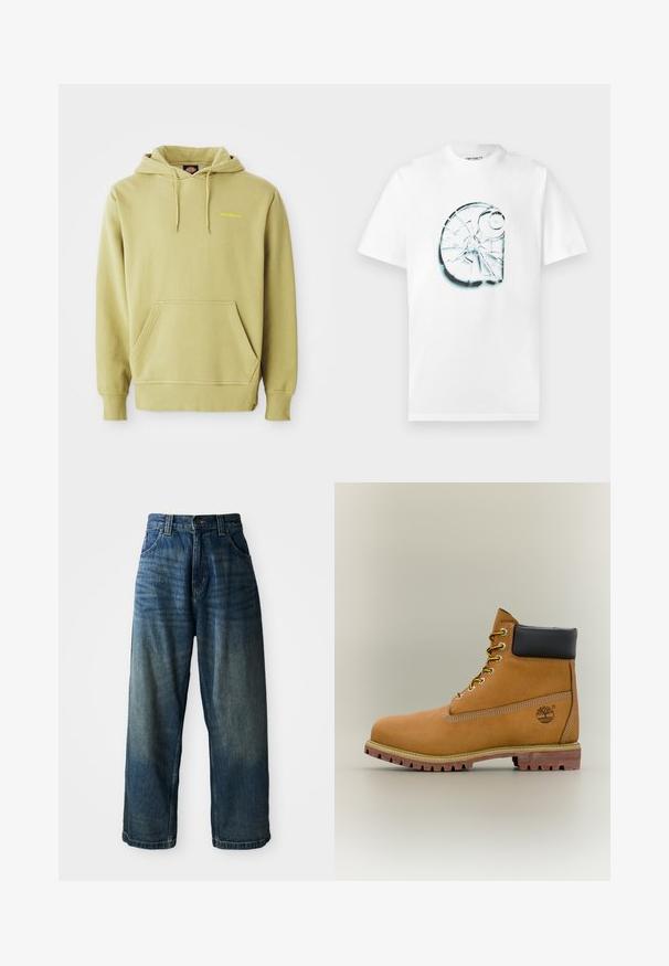 Svetlozelená mikina s kapucňou, má kengurskú kapsu, šnúrky, rebrované manžety a malé žlté logo "Dickies" na hrudi.; Biele bavlnené tričko s veľkým grafickým motívom prasknutého skla v modrej a čiernej farbe na prednej strane, s okrúhlym výstrihom a krátkymi rukávmi.; Džínsové nohavice s širokými nohavicami v modrej farbe so zosvetleným povrchom. Obsahujú päť vreciek, zapínanie na gombík a kontrastné prešívanie. Tkanina je ťažká.; Hnedá kožená členková členková obuv s čiernym golierom, žltými šnúrkami a béžovou podrážkou. Má logo a biele prešívanie. Hrubá podrážka s dobrým záberom.