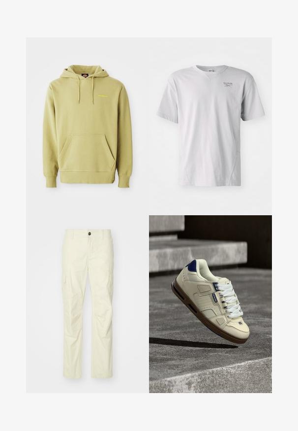Heled roheline kapuutsiga sviiter, millel on tasku, paelad, soonikuga varrukad ja väike kollane "Dickies" logo rinnal.; Heledhall hall t-särk lühikeste varrukatega, valmistatud pehmest kangast; omab ümmargust kaelust ja diskreetset Reeboki logo rinna peal. Lihtne disain, ilma mustriteta.; Kreemjad cargo püksid, mis on valmistatud kergest kangast, külgpocketide, nööbi sulgemise ja sirgete jalgadega. Sile tekstuur koos korralike õmblustega.; Kreemjas ja mereväesinine tennisekas pruuni tallaga, valgete paeltega ja "Globe" logoga, hõljumas tekstuursete betoonastmete kohal varjulises välisruumis.