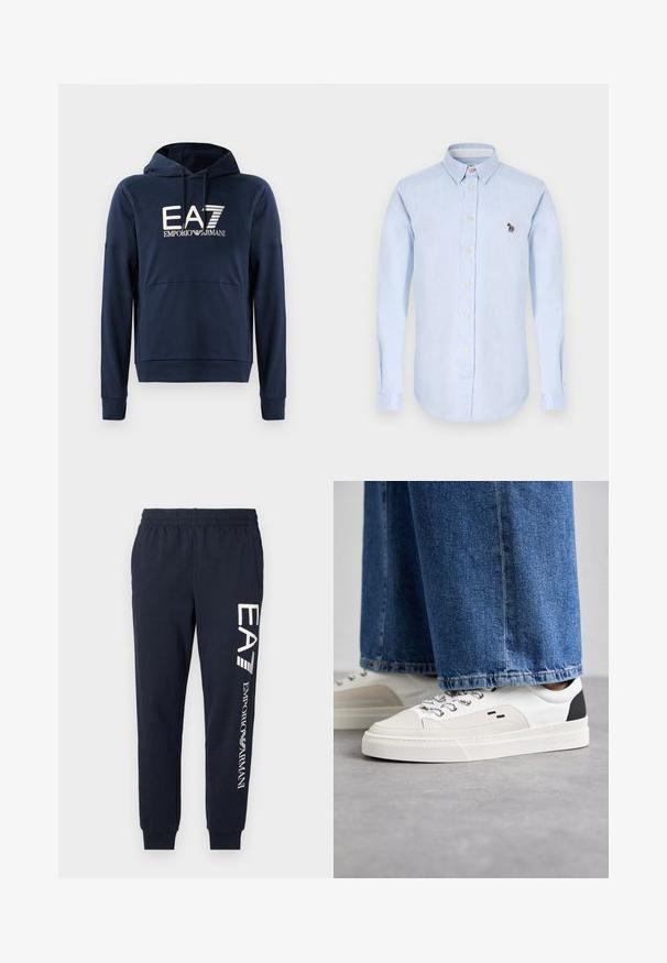 Marineblå hættejakke lavet af blødt stof, har en kængurulomme, ribbede manchetter og EA7 Emporio Armani-logoet på forsiden.; Lysblå skjorte med lange ærmer, krave, frontknapper og en lille broderet zebra detalje på brystet.; Mørkeblå bomuldsjoggers med elastisk talje, indsnørede ben og kontrasterende hvide EA7- og Emporio Armani-logoer trykt langs siden.; Hvide og sorte sneakers med en glat læderoverdel, teksturerede detaljer og en kraftig hvid sål. Har et klassisk snørebåndsdesign.