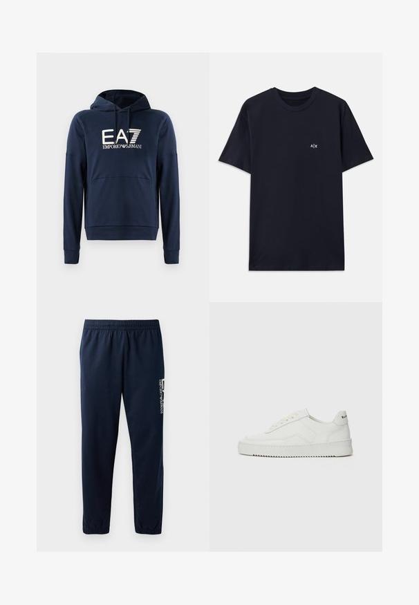 Sudadera azul marino hecha de tela suave, cuenta con un bolsillo canguro, puños acanalados y el logo de EA7 Emporio Armani en el frente.; Camiseta de algodón de color azul marino con mangas cortas y cuello redondo. Presenta un pequeño logo blanco "A|X" en la parte izquierda del pecho.; Pantalones de chándal azul marino con cintura elástica, piernas ajustadas y un logo blanco en el lateral. Tejido suave con una textura ligera.; Zapatilla de cuero blanca con un acabado suave, puntera redonda, cordones planos y suela texturizada. Cuenta con un sutil logo en el talón.