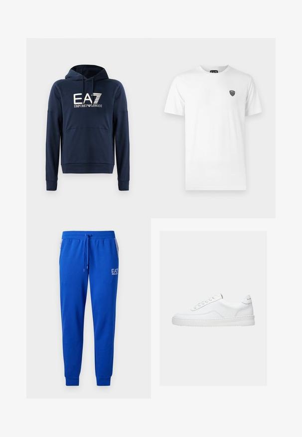 Marineblå hættejakke lavet af blødt stof, har en kængurulomme, ribbede manchetter og EA7 Emporio Armani-logoet på forsiden.; Hvid bomuld t-shirt med korte ærmer, der har et lille sort logo på venstre brystområde. Klassisk crew neck design.; Blå sweatpants lavet af blødt stof med elastisk talje og snørebånd. Har et logo på benet og stribede sidelommer.; Hvid lavt sneaker med snørelukning, glat læderoverdel og tyk sål, vist fra siden på en ensfarvet baggrund.