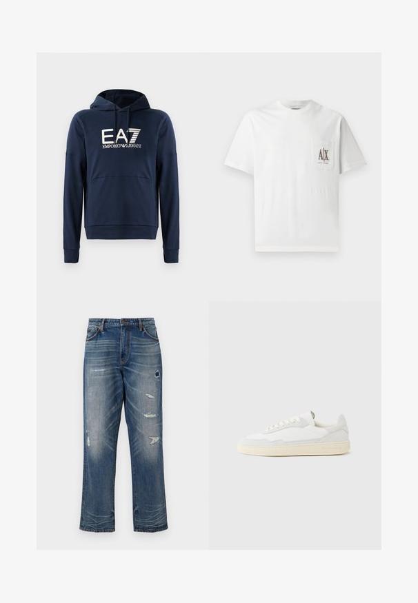 Marineblå hættejakke lavet af blødt stof, har en kængurulomme, ribbede manchetter og EA7 Emporio Armani-logoet på forsiden.; Hvid bomulds t-shirt med korte ærmer, rund halsudskæring og en venstre brystlomme med broderet "A|X" logo i brun.; Blå denim jeans med afslappet pasform, der har slidte lapper og falmede områder. De har standardlommer og synlige syninger som detaljer.; Hvid sneakers med en øvre del i tekstureret ruskind og læder. Har rundet tå, snørelukning og kontrasterende beige gummisål.